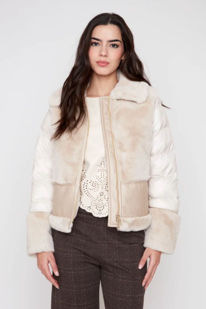 Renuar Mix Pleather Faux Fur Quilted Jacket - Oyster
