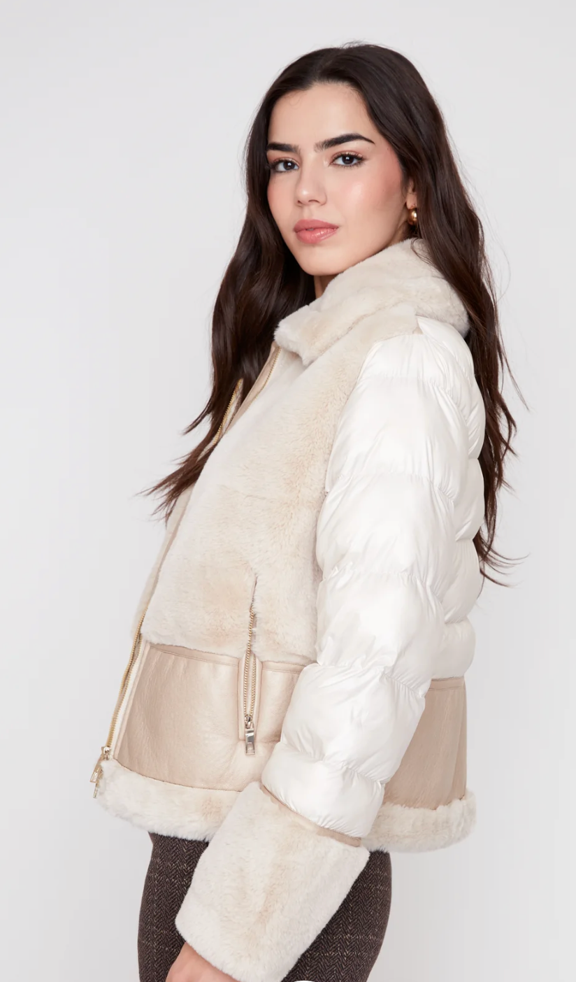Renuar Mix Pleather Faux Fur Quilted Jacket - Oyster